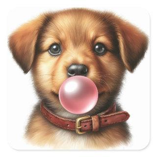 Cute Puppy Dog Blowing Bubble Gum  Square Sticker