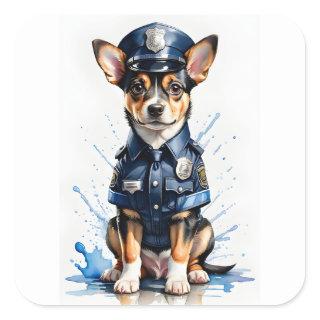 Cute Puppy Dog in Police Uniform Watercolor Square Sticker