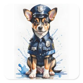 Cute Puppy Dog in Police Uniform Watercolor Square Sticker