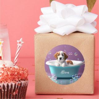 Cute puppy in a bathtub with soap bubbles classic round sticker