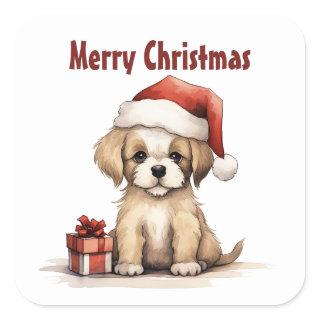 Cute Puppy Wearing a Santa Hat Merry Christmas Square Sticker