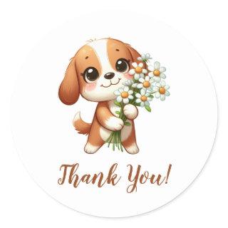 Cute Puppy with Sunflowers Thank You Classic Round Sticker