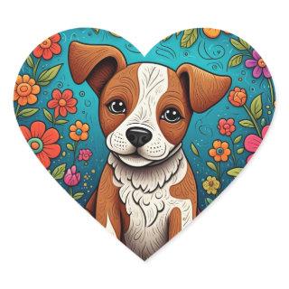 Cute Puppy with Whimsical Folk Art Flowers Heart Sticker