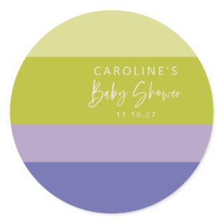 Cute Purple Green Stripe Mod Custom Baby Shower  Classic Round Sticker