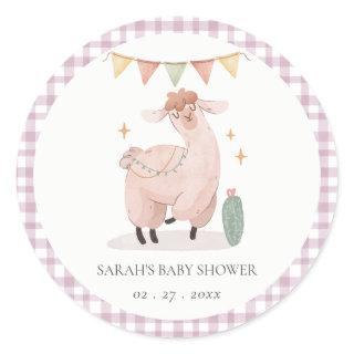 Cute Purple Plaid Cactus Boho Llama Baby Shower Classic Round Sticker