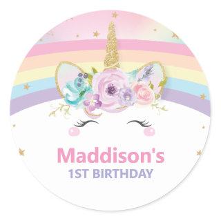 Cute Rainbow Unicorn 1st Birthday Thank You Favor Classic Round Sticker