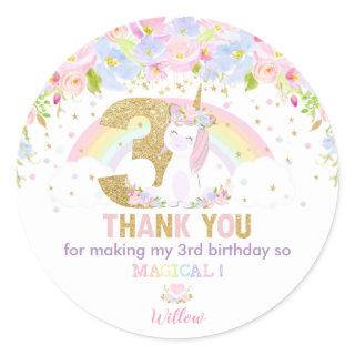 Cute Rainbow Unicorn 3rd Birthday Thank You Favor  Classic Round Sticker