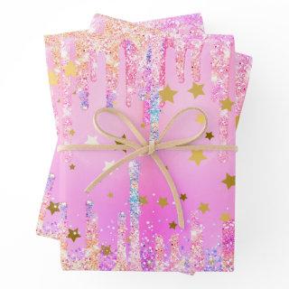 Cute Rainbow unicorn pink Glitter Drips  Sheets