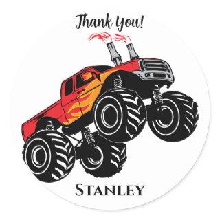 Cute Red Black Name Monster Truck Thank You Classic Round Sticker