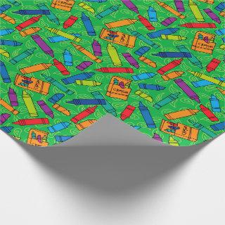 Cute Red Blue Yellow Crayons on Green Pattern