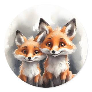 Cute Red Fox Brother Sister Friend Pals Portrait  Classic Round Sticker