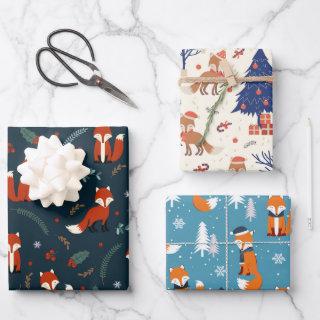 Cute Red Fox in Three Christmas Patterns  Sheets