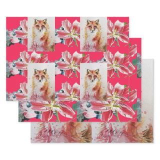 Cute Red Fox Watercolour Red Lily Floral Art  Sheets