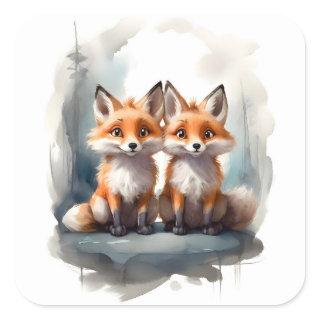Cute Red Foxes Couple Best Pals Friends Portrait  Square Sticker