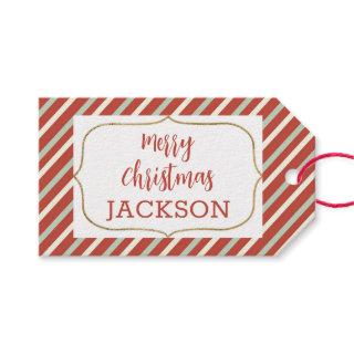 Cute Red, Green, White Candy Stripe Christmas Name Gift Tags