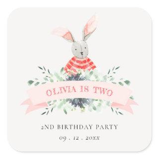 Cute Red Pink Bunny Foliage Any Age Birthday Square Sticker