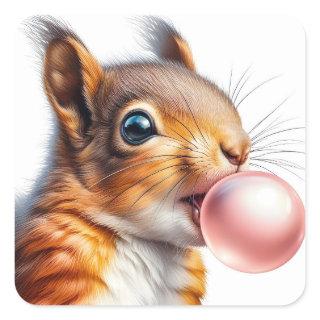 Cute Red Squirrel Blowing Bubble Gum  Square Sticker