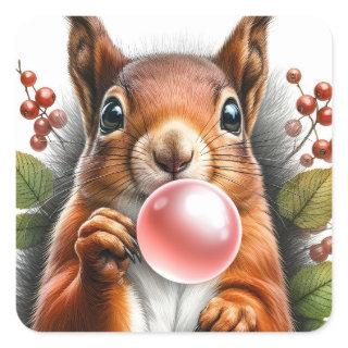 Cute Red Squirrel Blowing Bubble Gum  Square Sticker