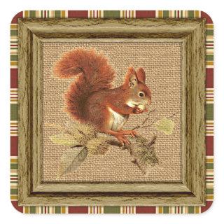 Cute Red Squirrel On Faux Jute Burlap Square Sticker