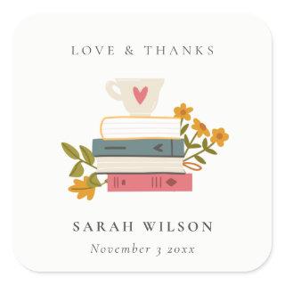 Cute Red Stacked Storybooks Floral Wedding Square Sticker
