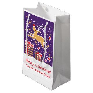 Cute reindeer prancing over christmas gifts bag