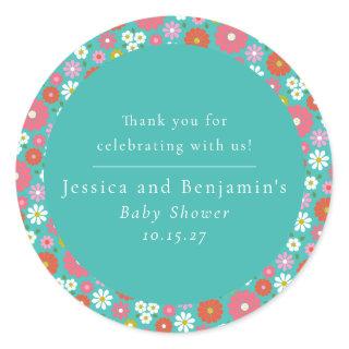 Cute Retro 60s Flower Turquoise Custom Baby Shower Classic Round Sticker