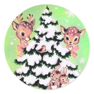 Cute Retro Christmas Deer and Bunnies Classic Round Sticker