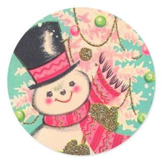 Cute Retro Christmas Snowman Classic Round Sticker