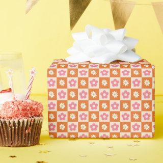 Cute Retro Orange Pink Daisy Checkerboard Pattern