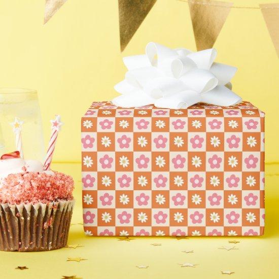 Cute Retro Orange Pink Daisy Checkerboard Pattern