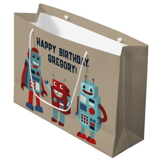 Cute Retro Robots Personalized Sci-Fi Large Gift Bag