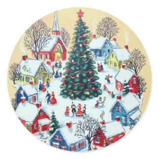 Cute Retro Vintage Christmas Village Classic Round Sticker