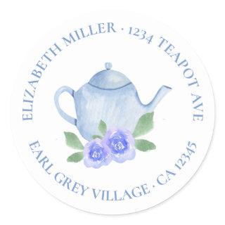 Cute Return Address Watercolor Blue Teapot Classic Round Sticker