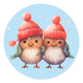 Cute Robins In The Snow Classic Round Sticker