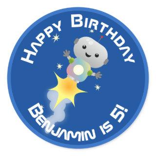 Cute robot flying in space cartoon illustration classic round sticker