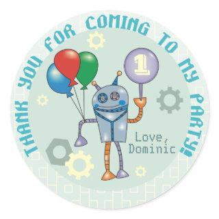 Cute Robot with Balloons First Birthday Stickers