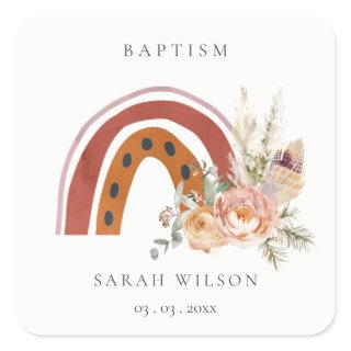 Cute Rust Orange Boho Floral Rainbow Cross Baptism Square Sticker