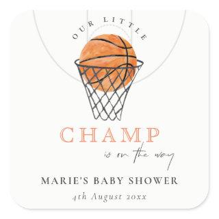 Cute Rust Our Little Champ Basketball Baby Shower Square Sticker