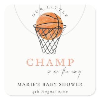 Cute Rust Our Little Champ Basketball Baby Shower Square Sticker