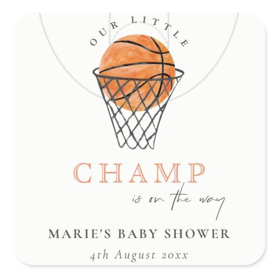 Cute Rust Our Little Champ Basketball Baby Shower Square Sticker