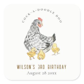 Cute Rustic Chicken Farm Watercolor Kids Birthday Square Sticker
