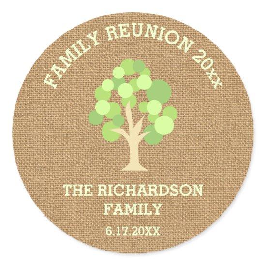Cute Rustic Green Tree and Burlap Family Reunion Classic Round Sticker