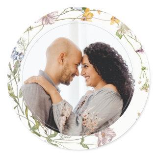 Cute Rustic Meadow Floral Wreath Photo Wedding Classic Round Sticker