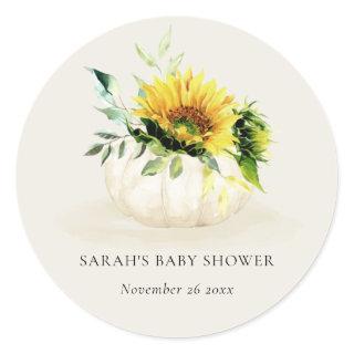 Cute Rustic Sunflower Pumpkin Floral Baby Shower  Classic Round Sticker