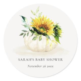 Cute Rustic Sunflower Pumpkin Floral Baby Shower Classic Round Sticker