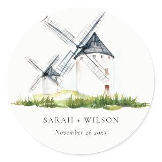 Cute Rustic Watercolor Windmill Farm Theme Wedding Classic Round Sticker