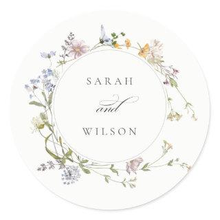 Cute Rustic Yellow Meadow Floral Wreath Wedding Classic Round Sticker