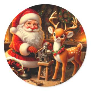 Cute Santa and Rudolph  Classic Round Sticker
