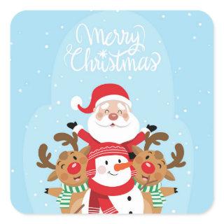 Cute Santa Claus, deer and snowman Square Sticker