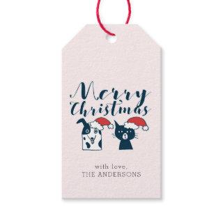 Cute Santa Dog & Cat Doodle | Add Your Name Gift Tags